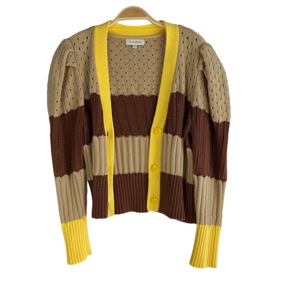 Calligraphie Y2K Rugby Striped Cardigan Sweater Women XL Brown Yellow Academia - Picture 3 of 8